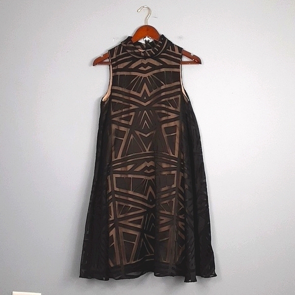 Vince Camuto Black Geometric High Neck Evening Shift Dress - Picture 3 of 10